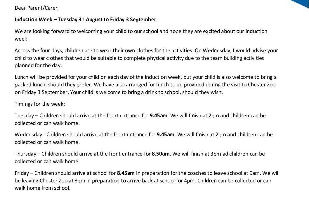 Induction Week Format Induction Week Letter | Birchwood Community High School